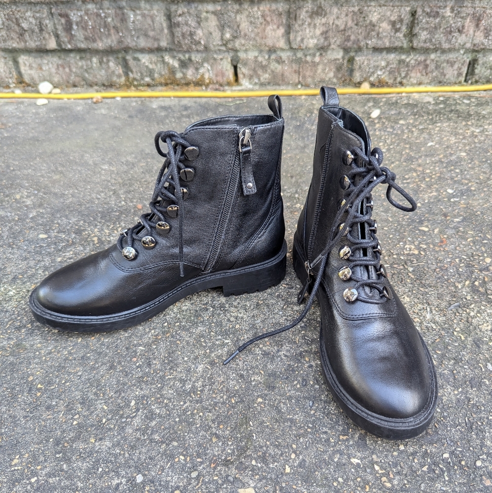 Linea Paolo women's black Trinity combat moto boot lace up zipper size 5 .1/2